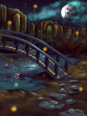night scene with pond and bridge